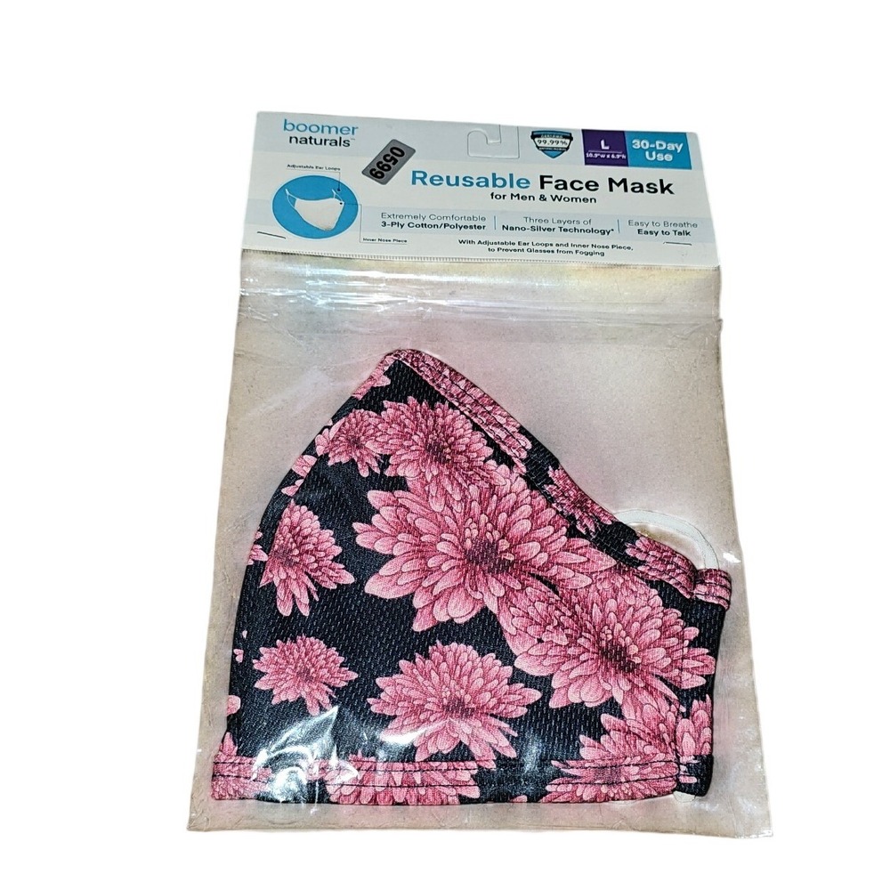 Boomer Naturals Reusable Face Mask Pink Floral Chrysanthemum Large 597-599